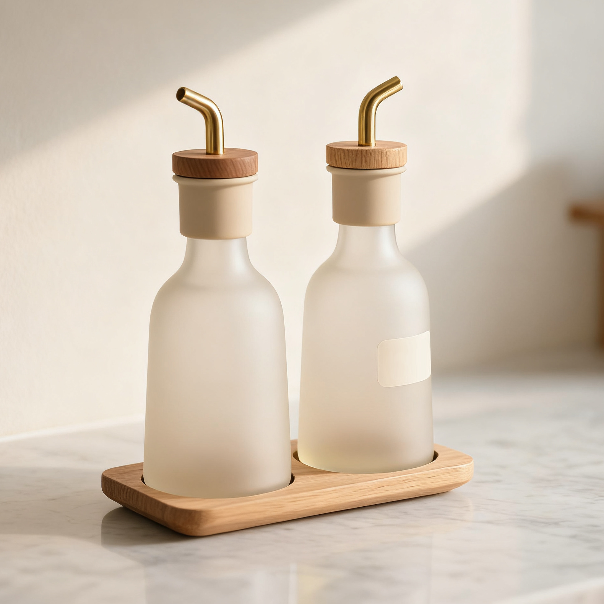 Zestaw butelek na oliwę i ocet ze szkła matowego z drewnianą pokrywką (2 komplety)