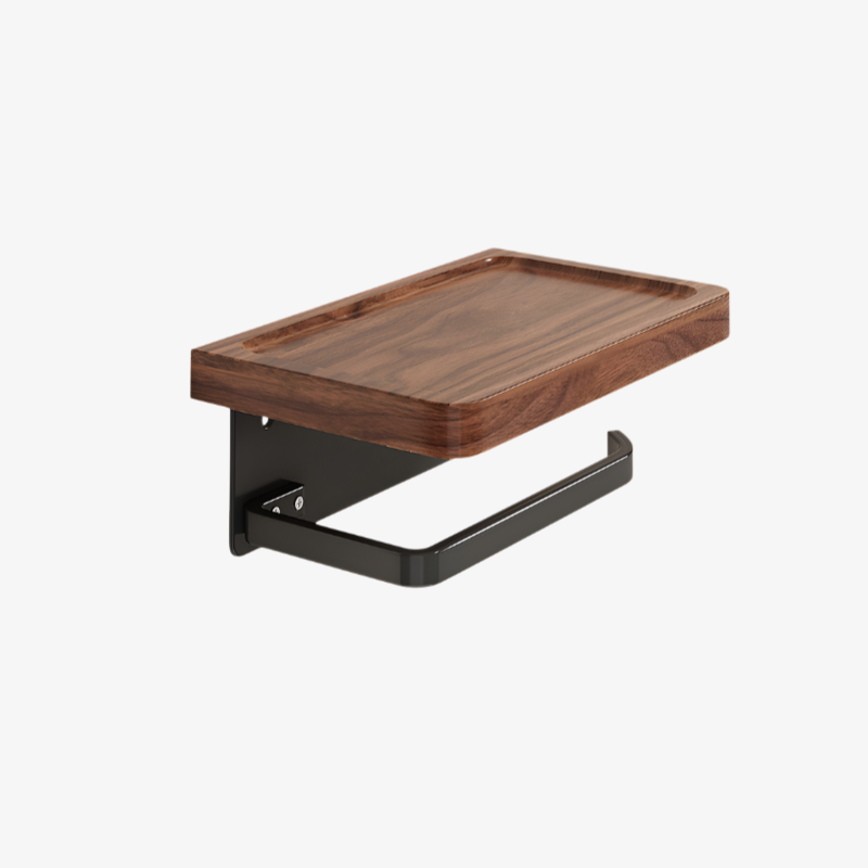 Walnut Wood Toilet Paper Box on bathroom shelf
