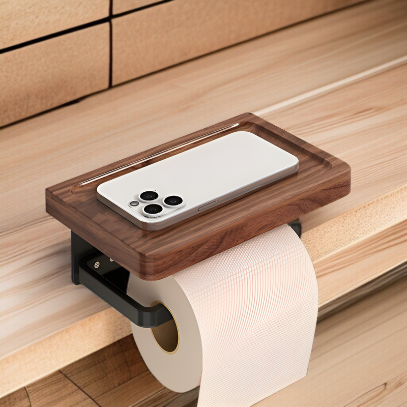 Modern walnut wood toilet paper box close-up