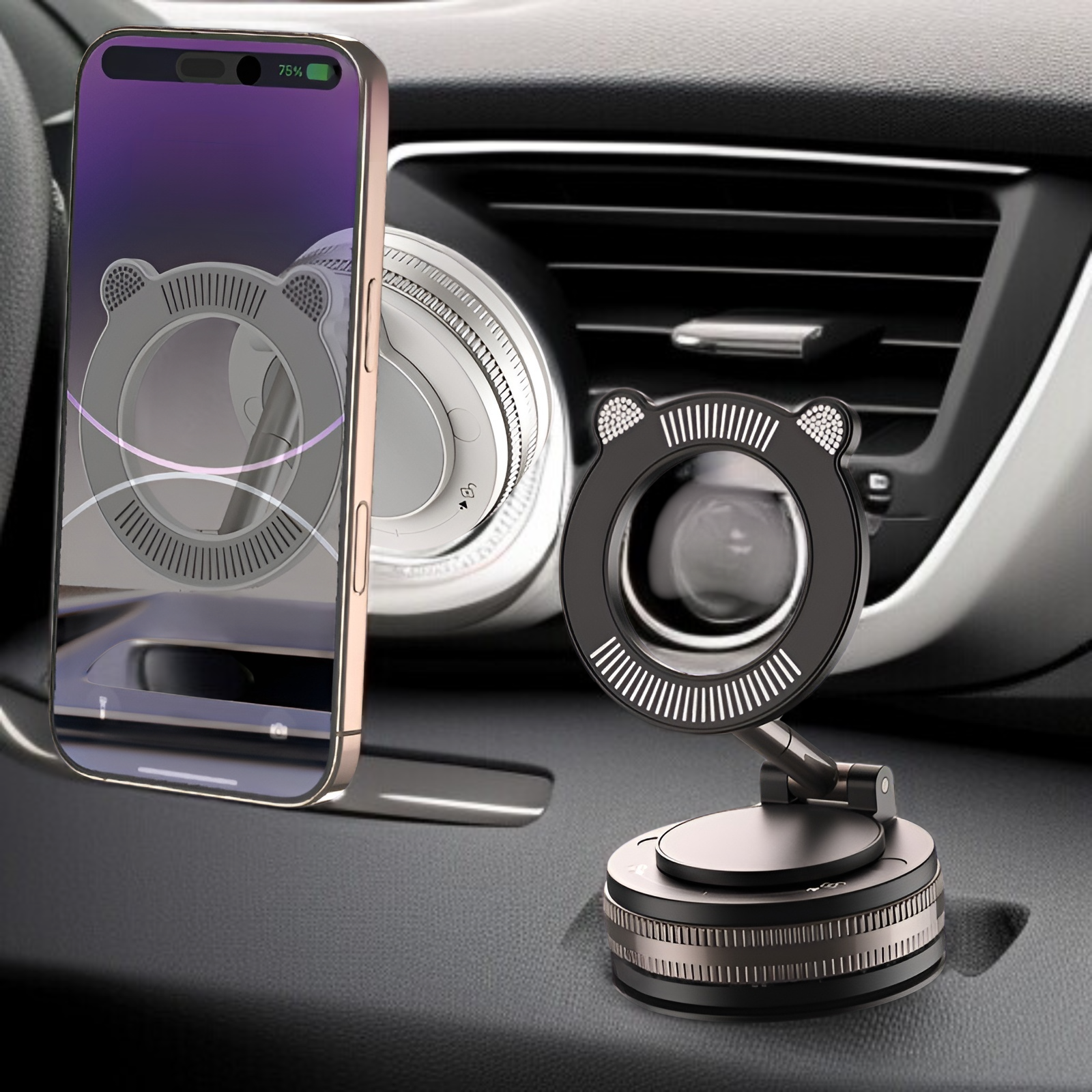 Magnetische Auto Handyhalterung mit Vakuumsaugnapf in Schwarz