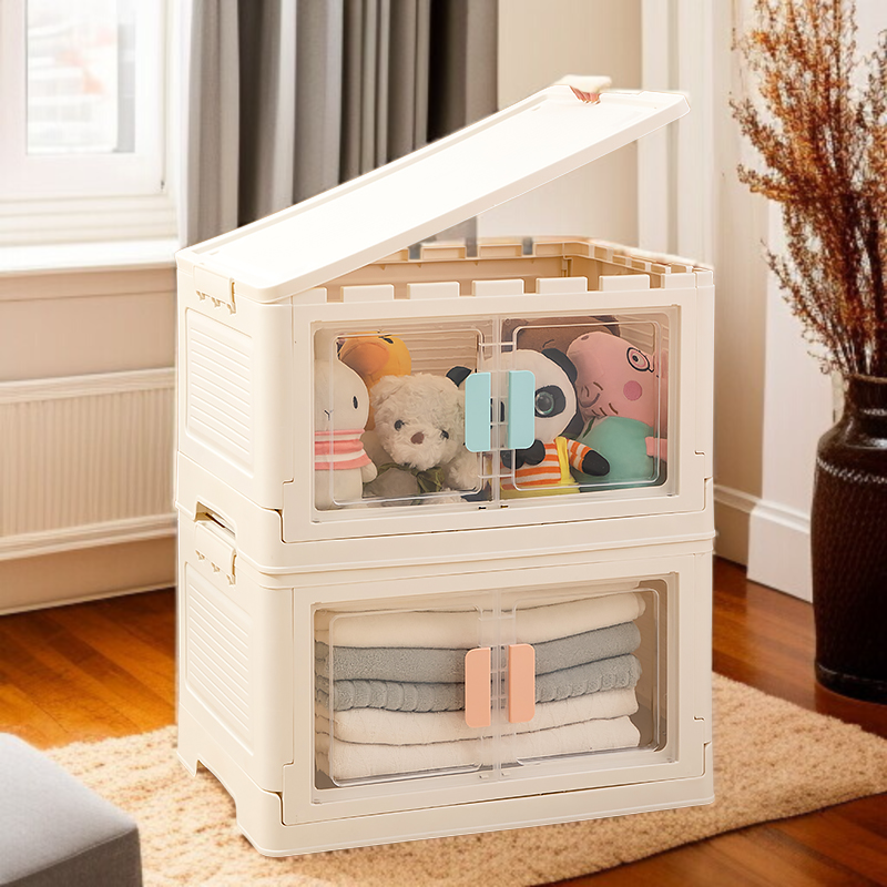 Space-saving clear plastic storage box for living room