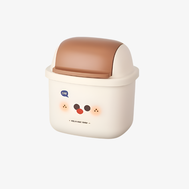 Niedlicher Desktop-Mülleimer auf einem Schreibtisch