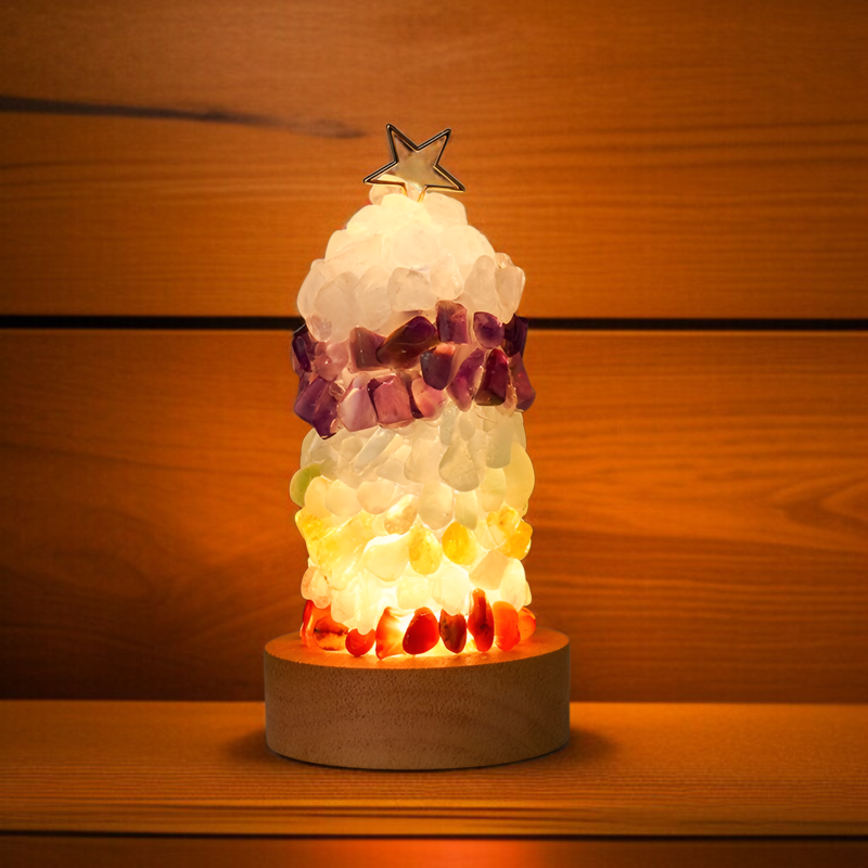 Close-up of vibrant gemstones on crystal lamp